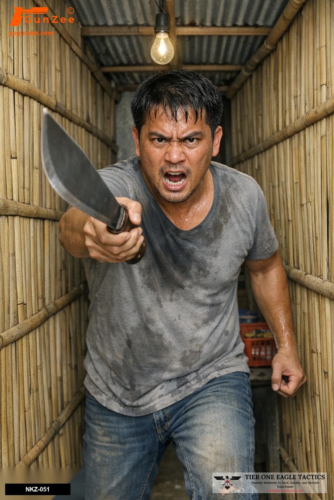 Aggressive male with machete in a narrow rural hut, threatening posture.