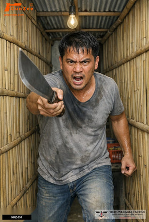 Aggressive male with machete in a narrow rural hut, threatening posture.