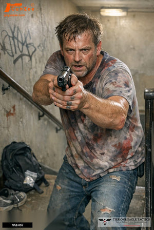 Armed male suspect aiming pistol in a dimly lit stairwell, intense expression and rugged clothing.
