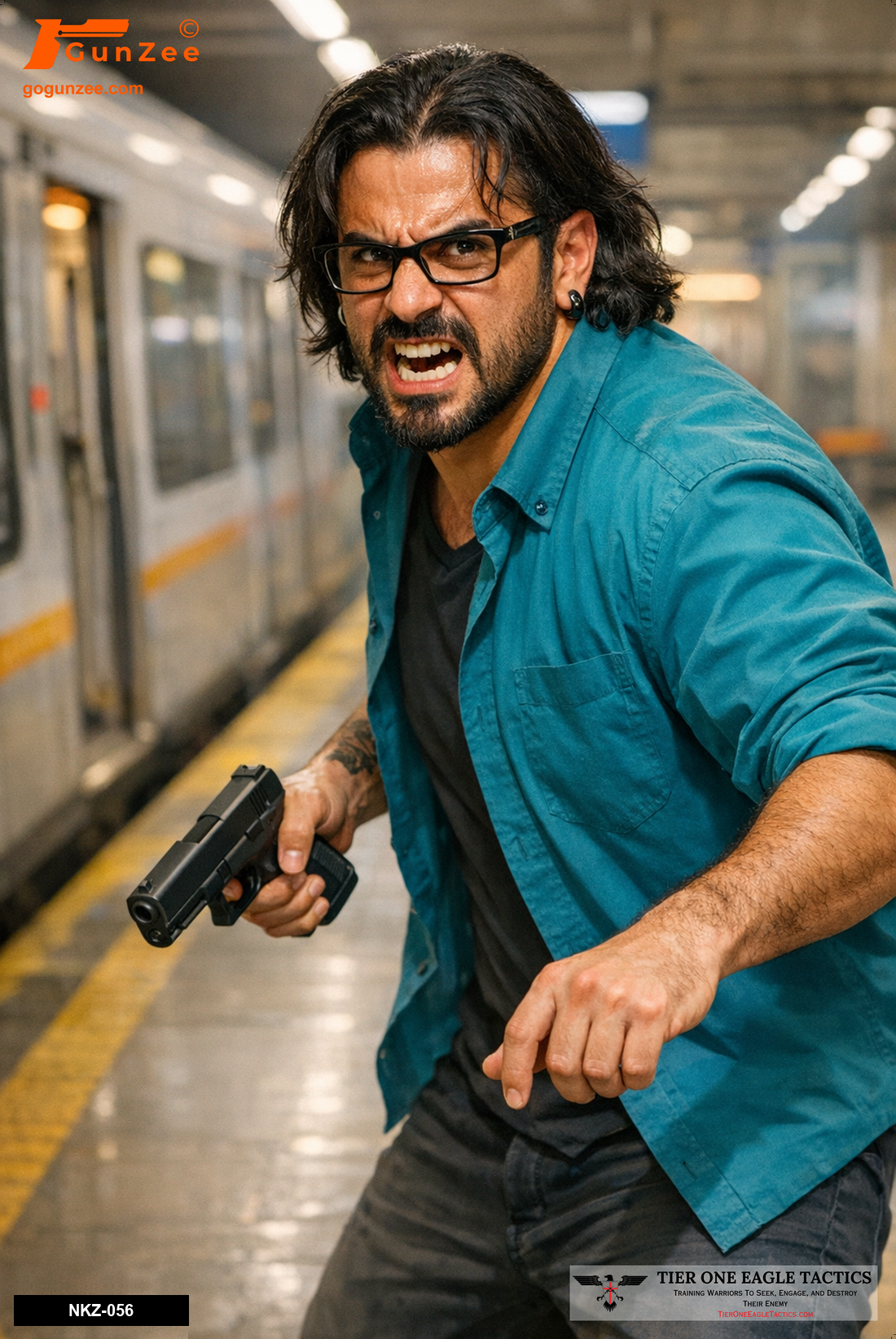 Man in teal shirt with pistol in subway station, aggressive stance