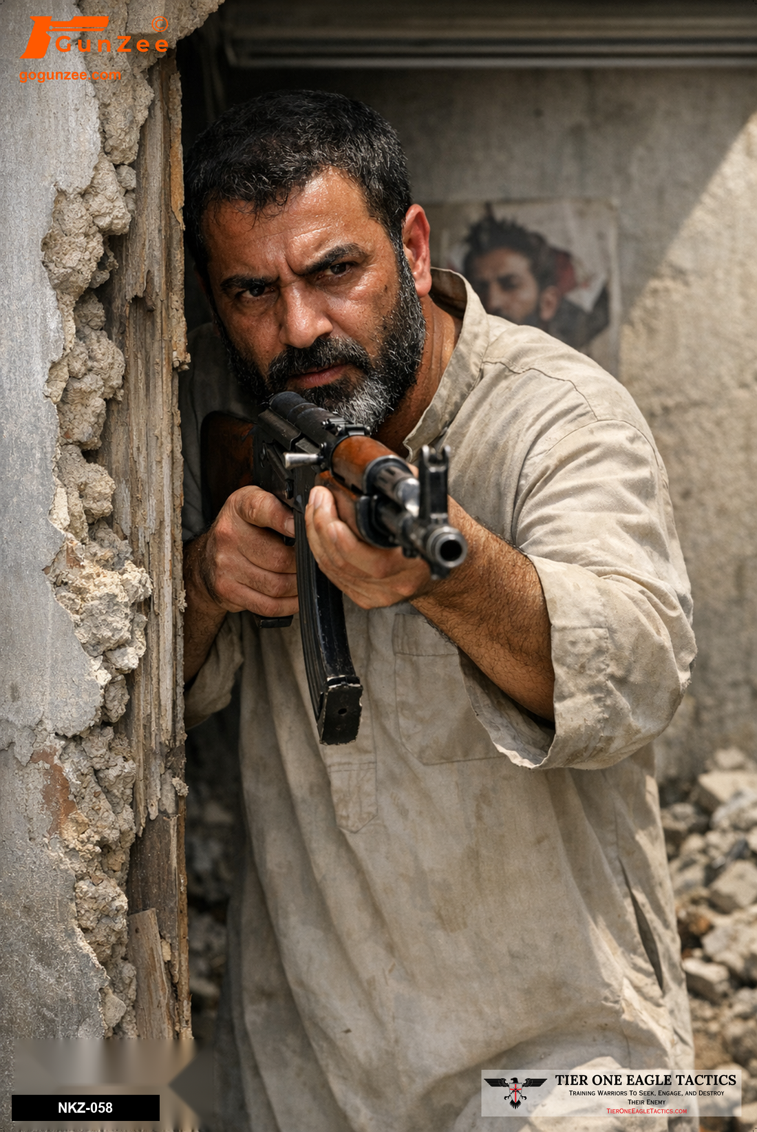 Armed male with AK-47 in urban ruins, low ready position, intense expression, realistic training target.