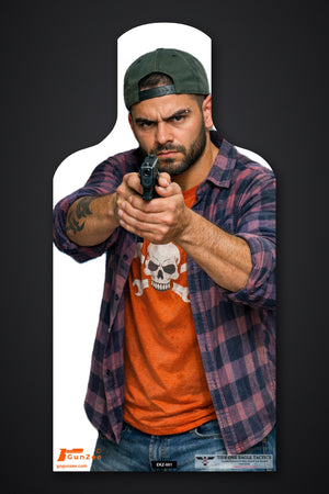 Life-size E-type silhouette target: bearded man in a backwards green cap and open plaid flannel aiming a pistol two-handed at the viewer