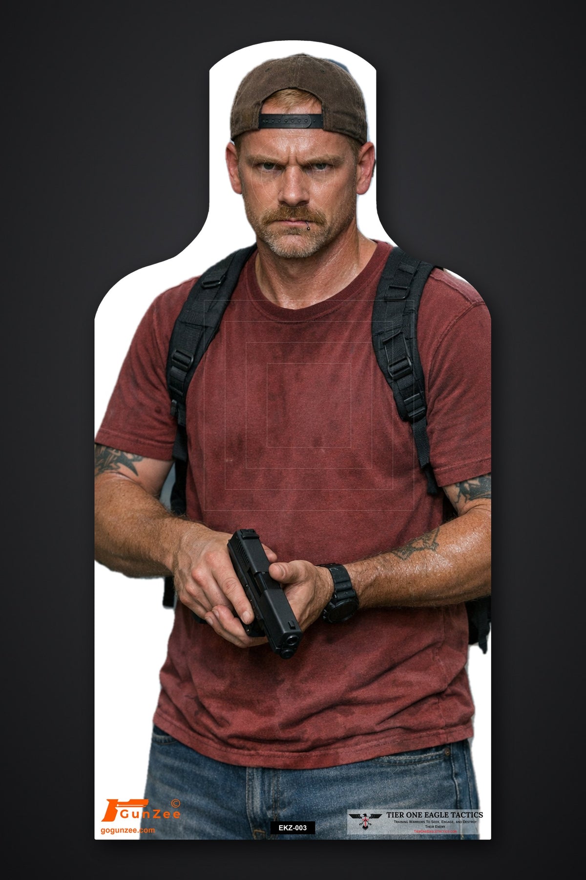 Life-size E-type silhouette target: man in a backwards cap and maroon t-shirt with a backpack, pistol held low in both hands