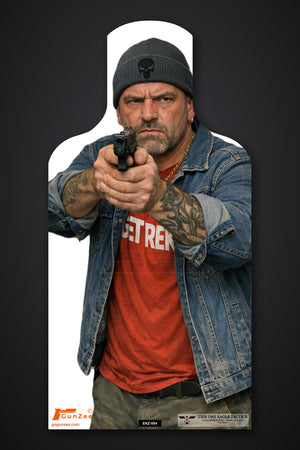 Life-size E-type silhouette target: man in a gray skull beanie and denim jacket over a red t-shirt aiming a pistol with both hands