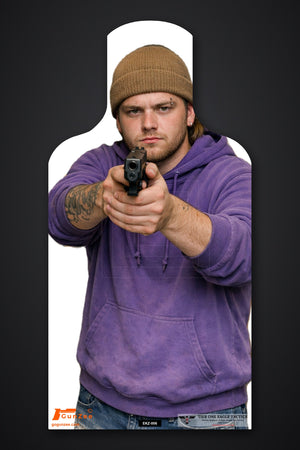 Life-size E-type silhouette target: young man in a tan beanie and purple hoodie aiming a pistol with both hands