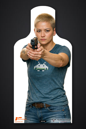 Life-size E-type silhouette target: woman with cropped blonde hair in a blue graphic t-shirt aiming a pistol with both hands