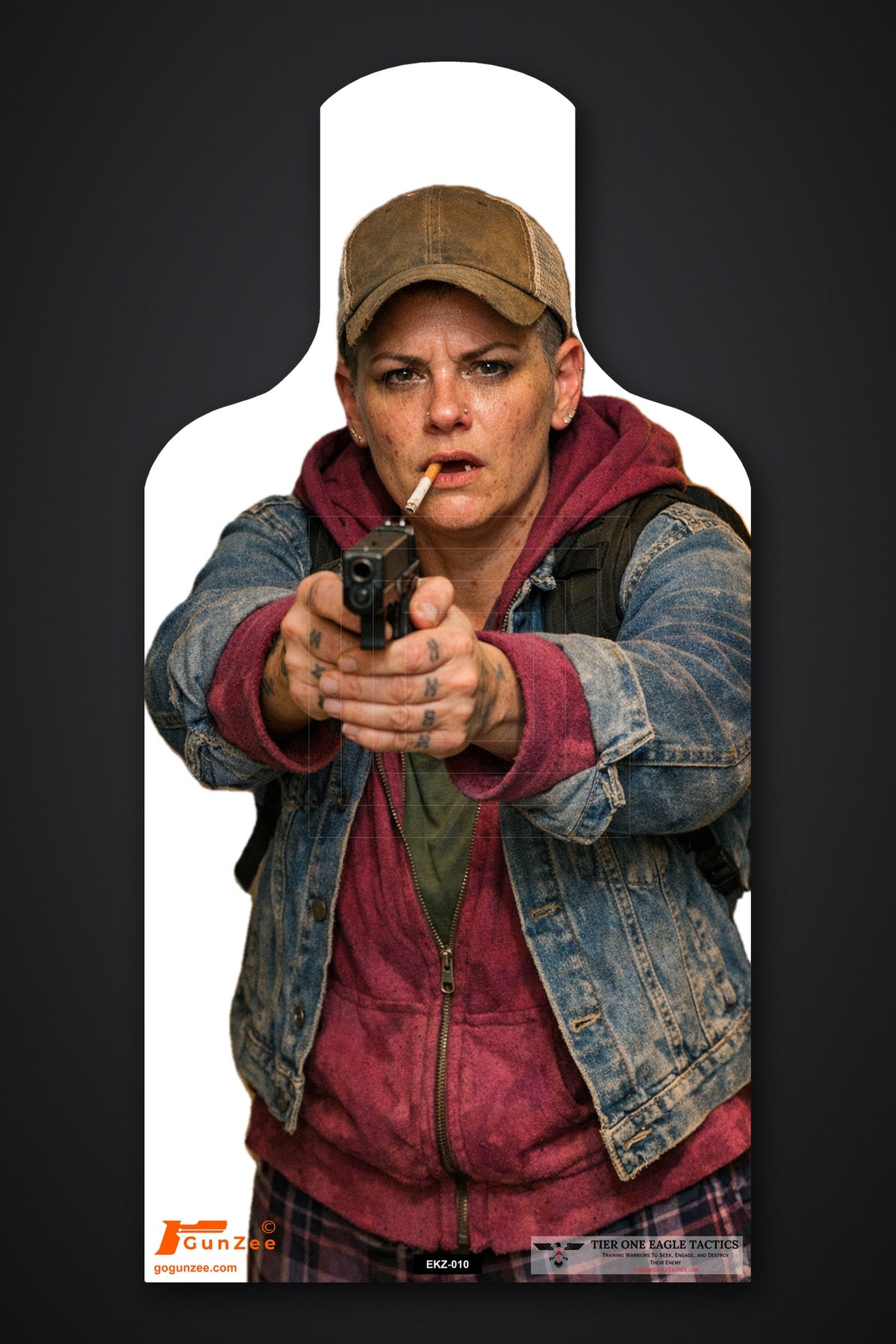 Life-size E-type silhouette target: woman in a tan cap with a cigarette in her mouth, denim jacket over a maroon hoodie, aiming a pistol