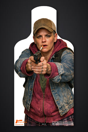 Life-size E-type silhouette target: woman in a tan cap with a cigarette in her mouth, denim jacket over a maroon hoodie, aiming a pistol