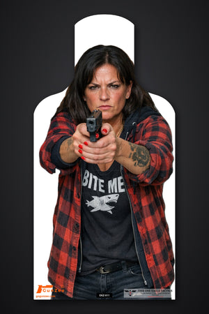 Life-size E-type silhouette target: dark-haired woman in a red plaid flannel over a shark graphic t-shirt aiming a pistol