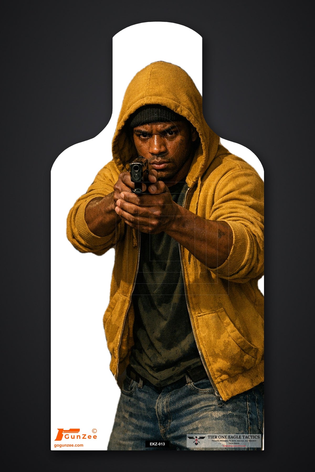 Life-size E-type silhouette target: man with the hood of a yellow hoodie up over a beanie, aiming a pistol with both hands
