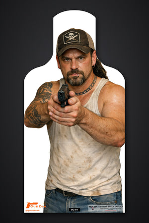 Life-size E-type silhouette target: goateed man in a skull-and-crossbones cap and stained white tank top aiming a pistol