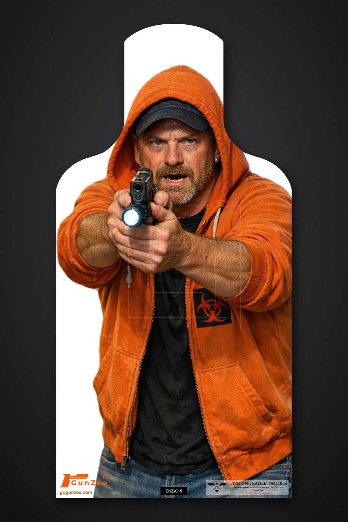 Life-size E-type silhouette target: man in an orange hoodie with the hood up aiming a pistol with a weapon light switched on