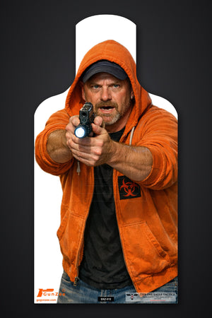 Life-size E-type silhouette target: man in an orange hoodie with the hood up aiming a pistol with a weapon light switched on