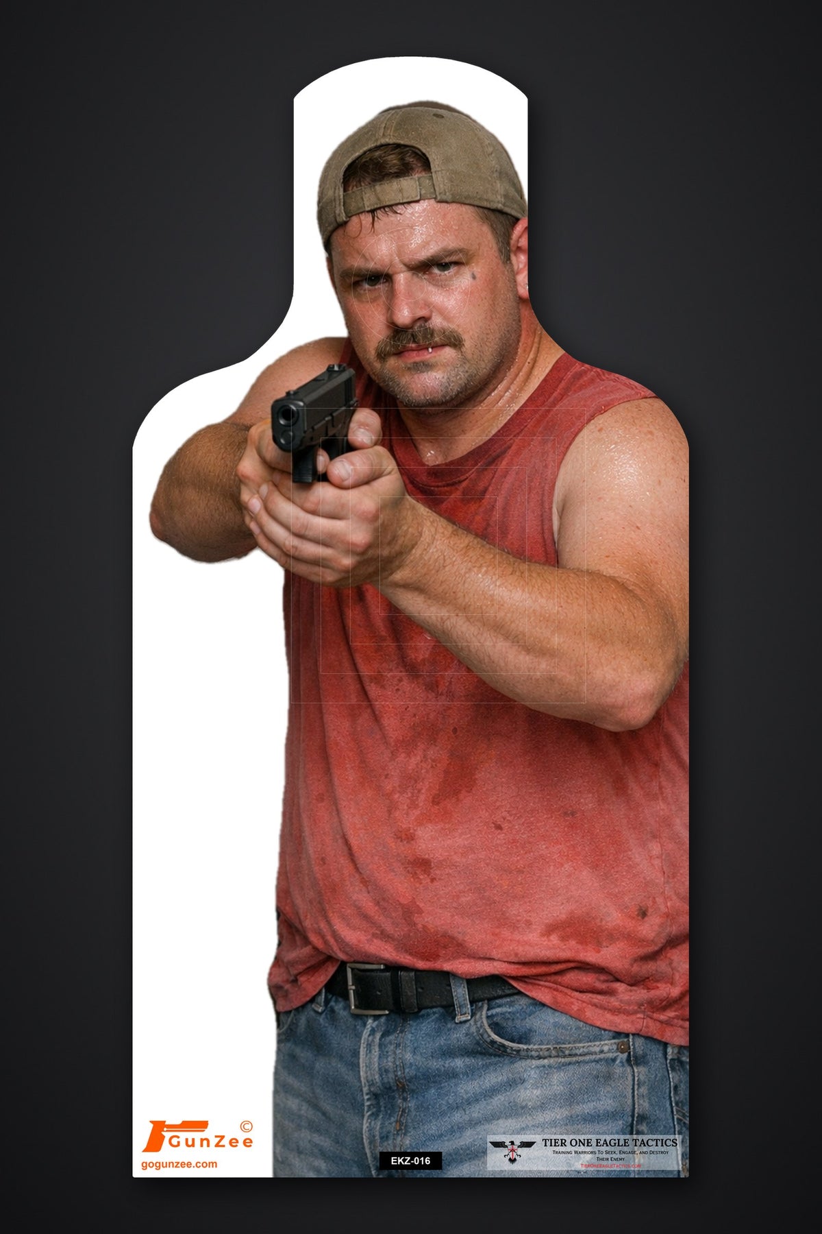 Life-size E-type silhouette target: mustached man in a backwards cap and sleeveless red shirt aiming a pistol from a slightly bladed stance