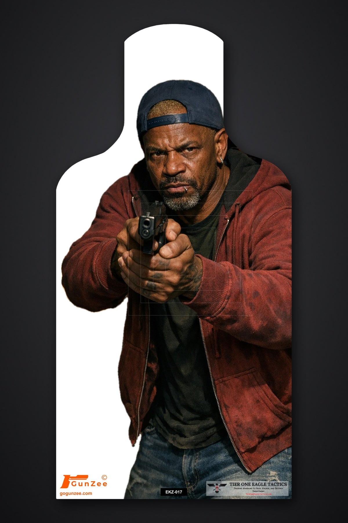 Life-size E-type silhouette target: older man with a gray goatee in a backwards navy cap and maroon zip hoodie aiming a pistol