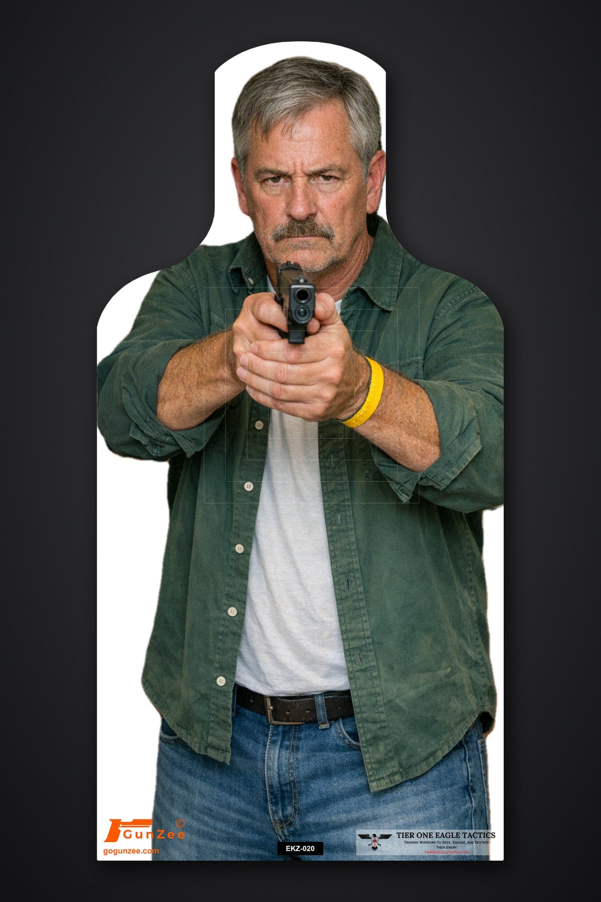Life-size E-type silhouette target: gray-haired man with a mustache in a green overshirt over a white t-shirt aiming a pistol