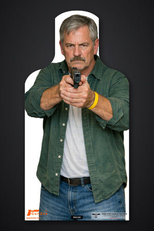 Life-size E-type silhouette target: gray-haired man with a mustache in a green overshirt over a white t-shirt aiming a pistol