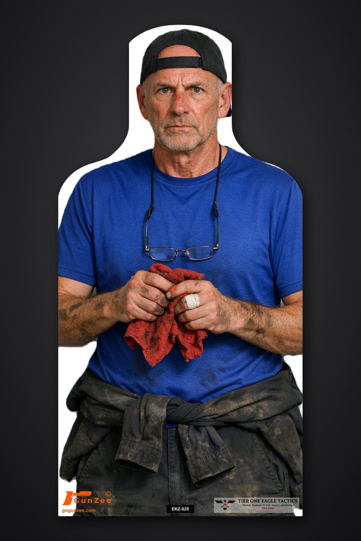 Life-size E-type silhouette no-shoot target: older man in a blue t-shirt wiping greasy hands on a red shop rag