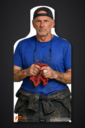 Life-size E-type silhouette no-shoot target: older man in a blue t-shirt wiping greasy hands on a red shop rag
