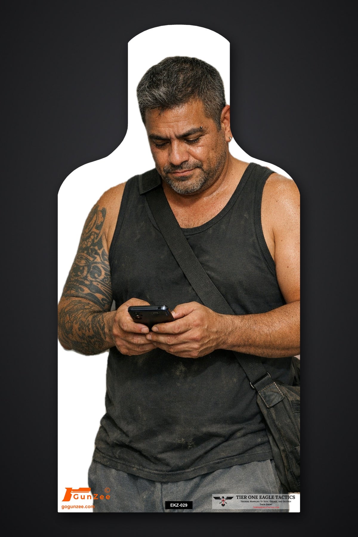 Life-size E-type silhouette no-shoot target: gray-haired man in a black tank top looking down at a phone held in both hands