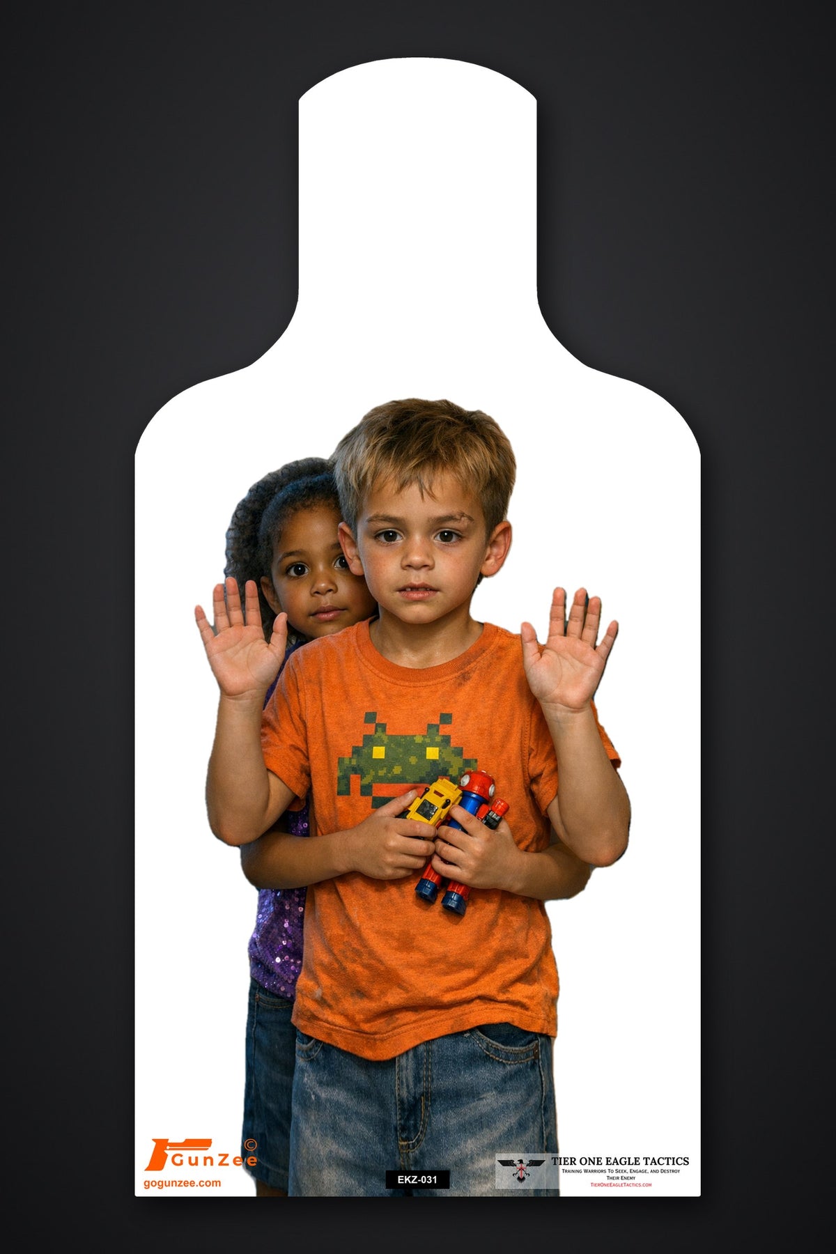 E-type silhouette no-shoot target: young boy in an orange t-shirt holding toy robots with a girl behind him raising both hands