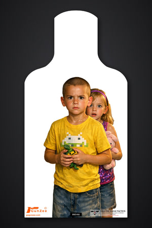 E-type silhouette no-shoot target: young boy in a yellow t-shirt holding a toy dinosaur with a girl behind him holding a stuffed animal