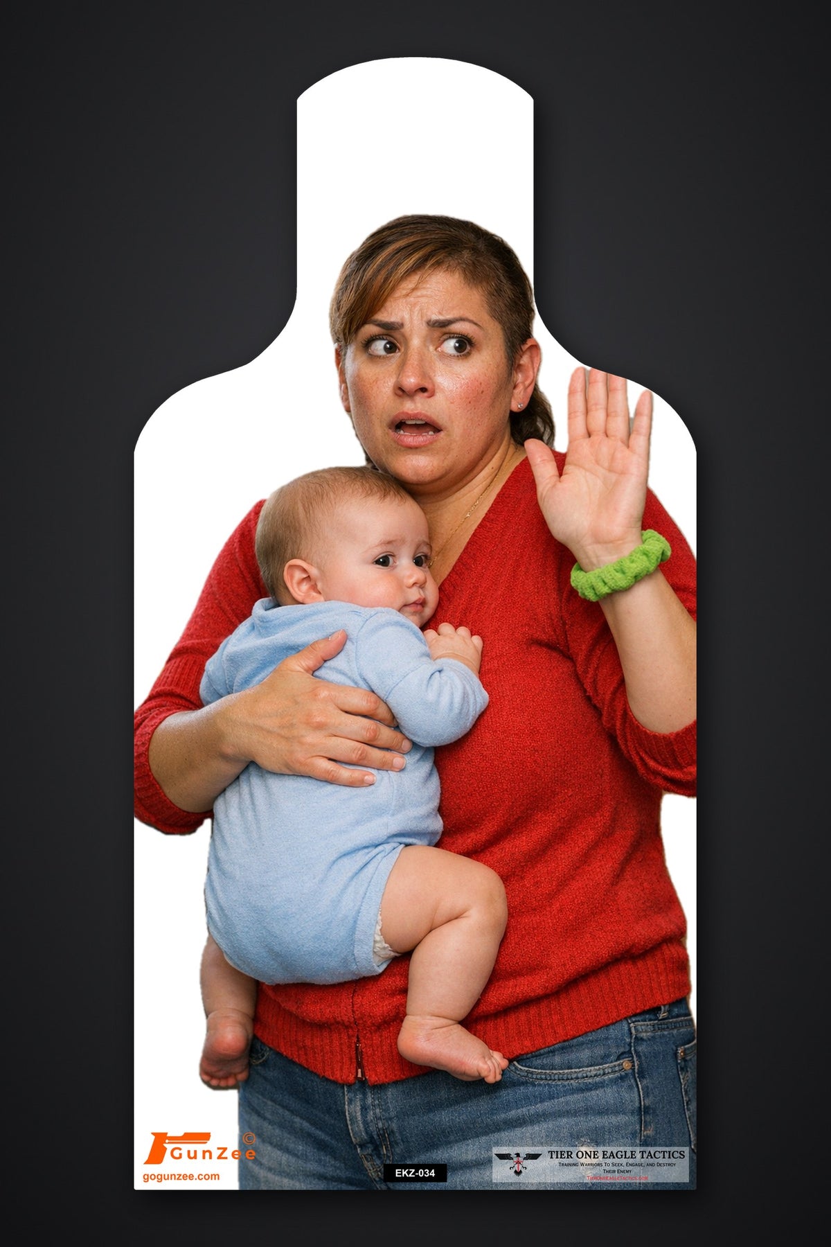 Life-size E-type silhouette no-shoot target: woman in a red cardigan holding an infant with one hand raised, looking to the side