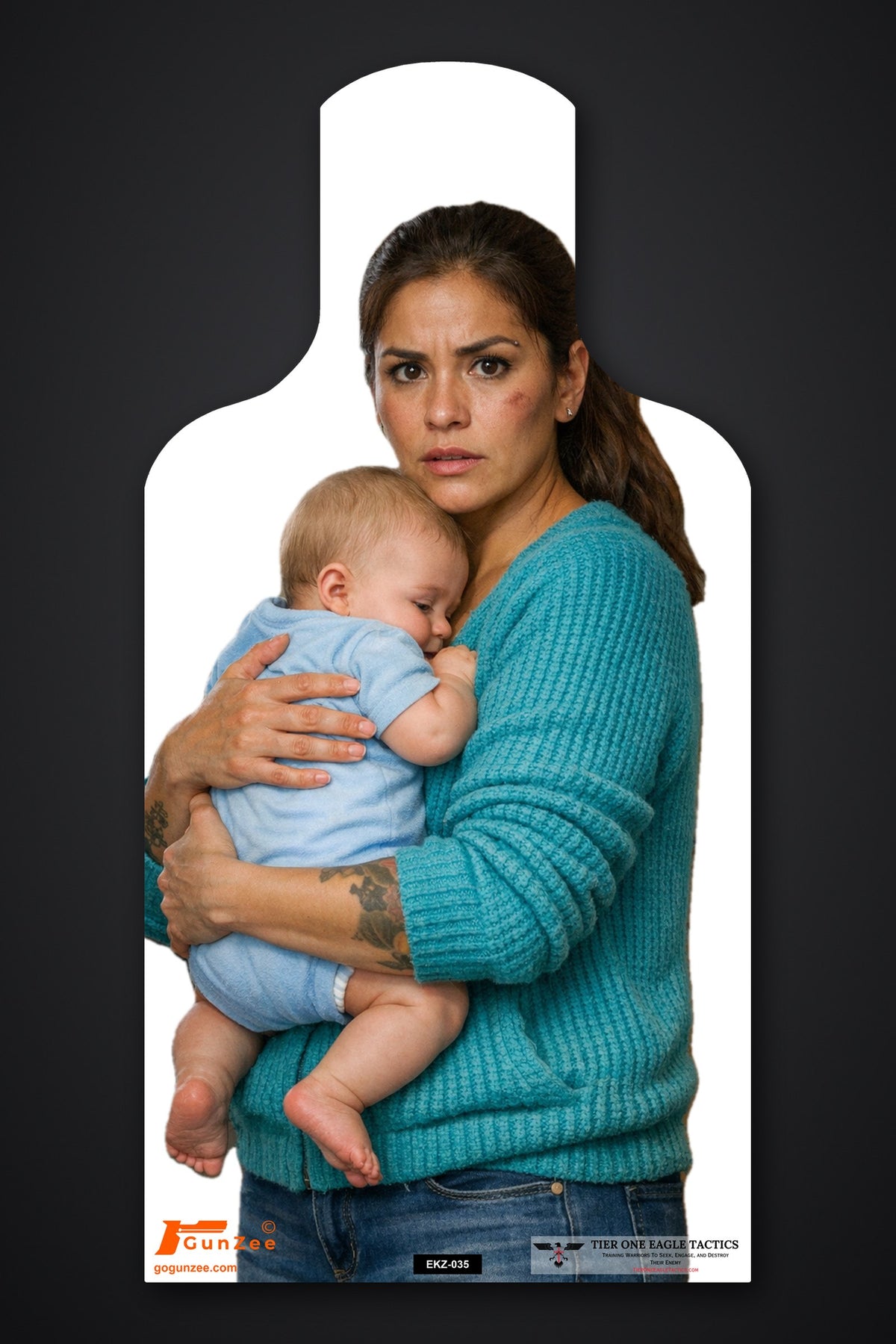 Life-size E-type silhouette no-shoot target: woman in a teal sweater with a bruised cheek holding an infant against her chest with both arms