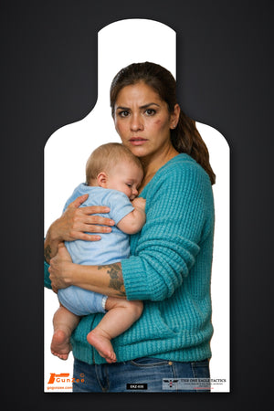 Life-size E-type silhouette no-shoot target: woman in a teal sweater with a bruised cheek holding an infant against her chest with both arms