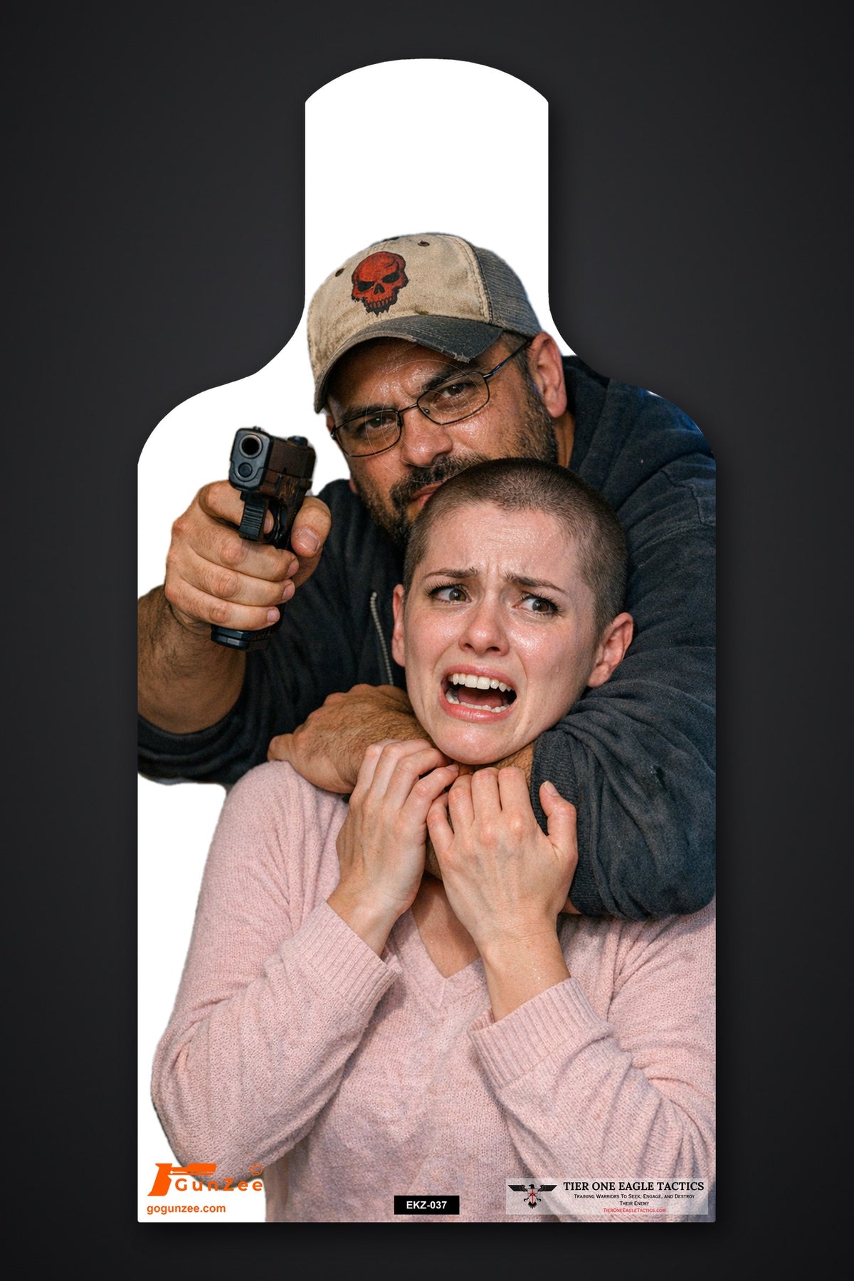 Life-size E-type silhouette hostage target: man in a skull cap and glasses with his arm around a screaming woman's neck, pistol raised beside her head