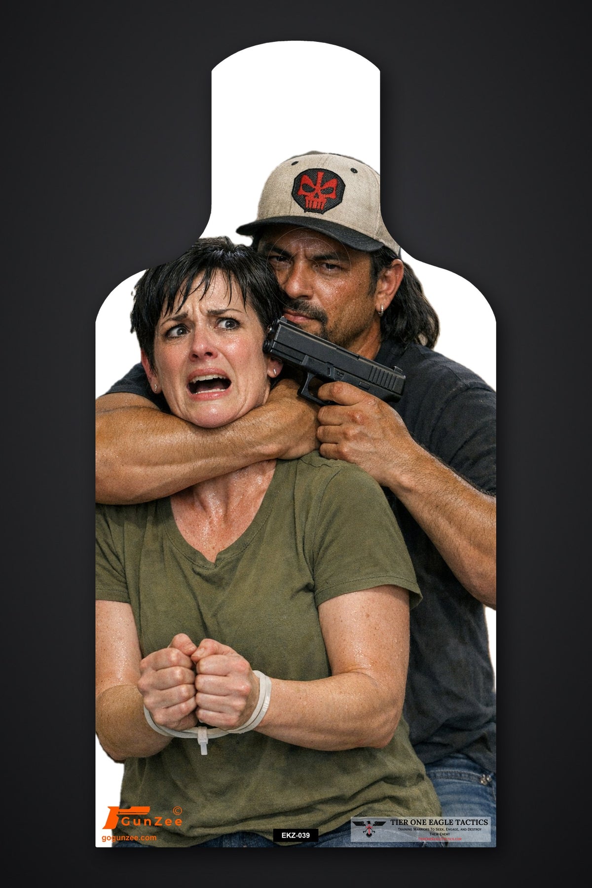 E-type silhouette hostage target: man in a tan skull cap choking a woman whose wrists are tied, pistol pressed to her head