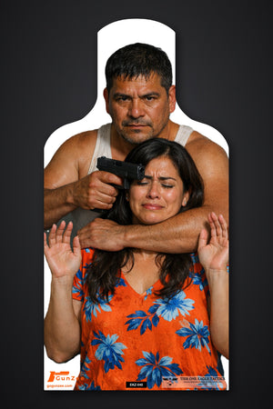 Life-size E-type silhouette hostage target: man in a white tank top with his arm around a woman in a floral top, pistol at her temple