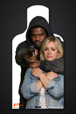 Life-size E-type silhouette hostage target: man in a black hood aiming a pistol at the viewer with his arm around a blonde woman in a denim jacket
