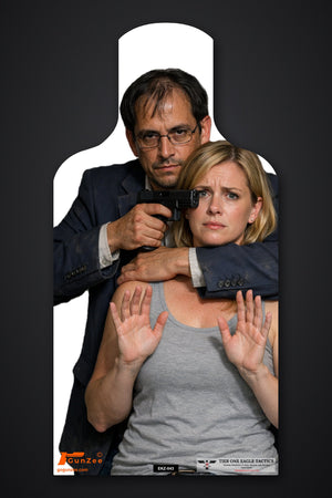 Life-size E-type silhouette hostage target: man in glasses and a dark suit jacket with a pistol at a blonde woman's temple, her hands raised