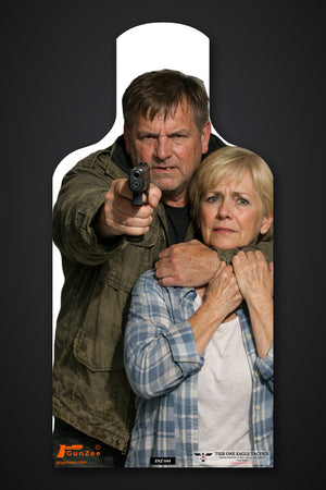 Life-size E-type silhouette hostage target: older man in a green field jacket aiming a pistol at the viewer with his arm around an older blonde woman