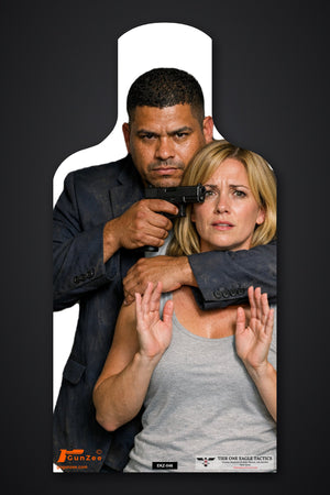 Life-size E-type silhouette hostage target: man in a dark blazer with a pistol at a blonde woman's temple, her hands raised in front of her