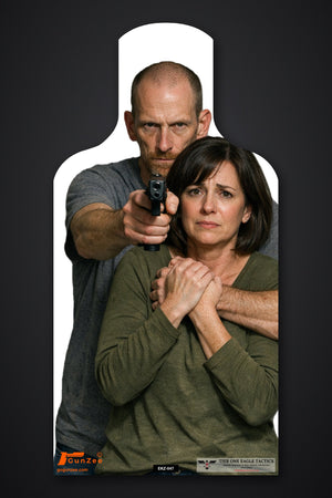 Life-size E-type silhouette hostage target: gaunt balding man in a gray t-shirt aiming a pistol at the viewer with his arm around a dark-haired woman