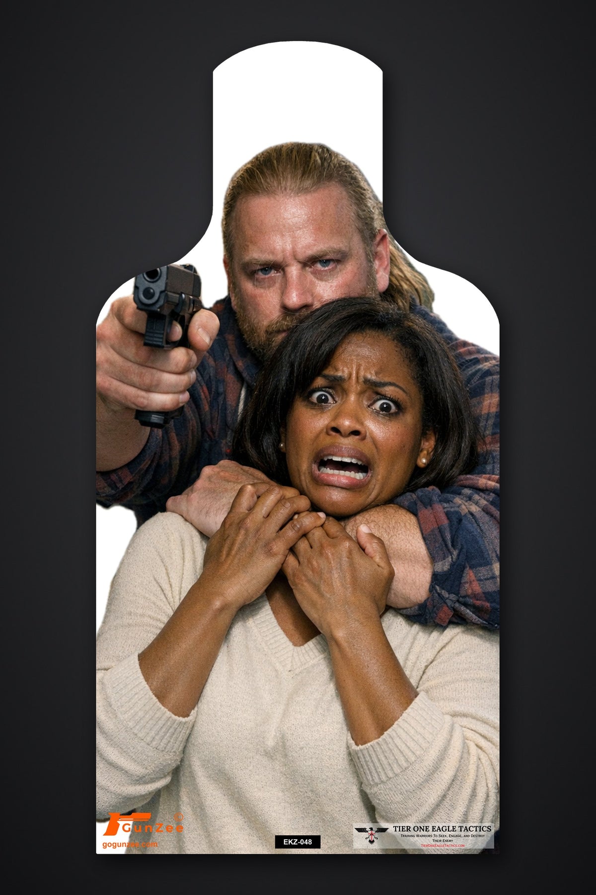 Life-size E-type silhouette hostage target: man with long blond hair holding a terrified woman by the neck, pistol raised beside her face